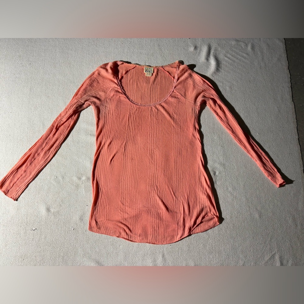 Free People Coral Lace Trim Scoopneck Long Sleeve Top